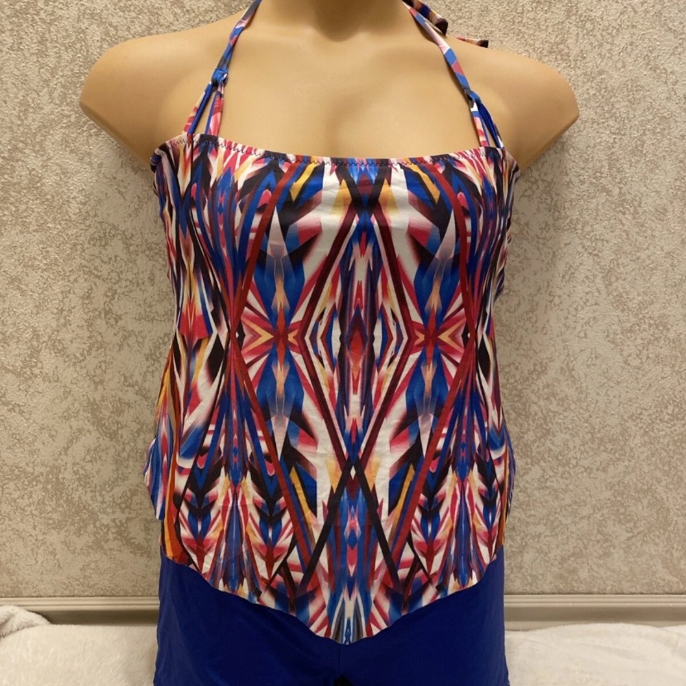 Colorful Geometric Bikini Top and Blue Shorts
